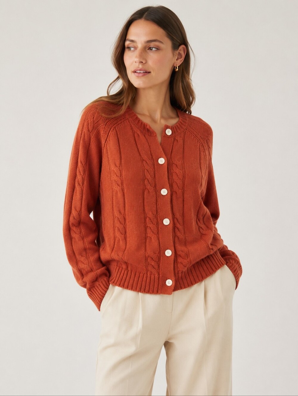 Everlane Extrafine Luxe Merino Cable Knit Cardigan Rust Heather Wool Size M